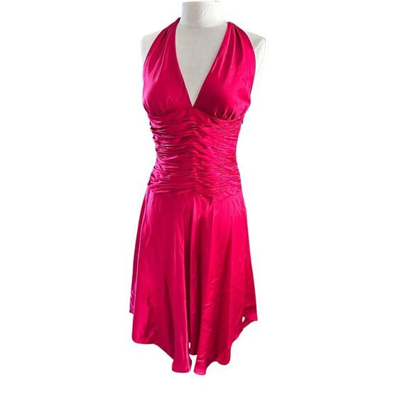 Cache Women's Red 100% Silk Satin Halter Neckline Tie Back Midi Dress Size 6 - Picture 2 of 11